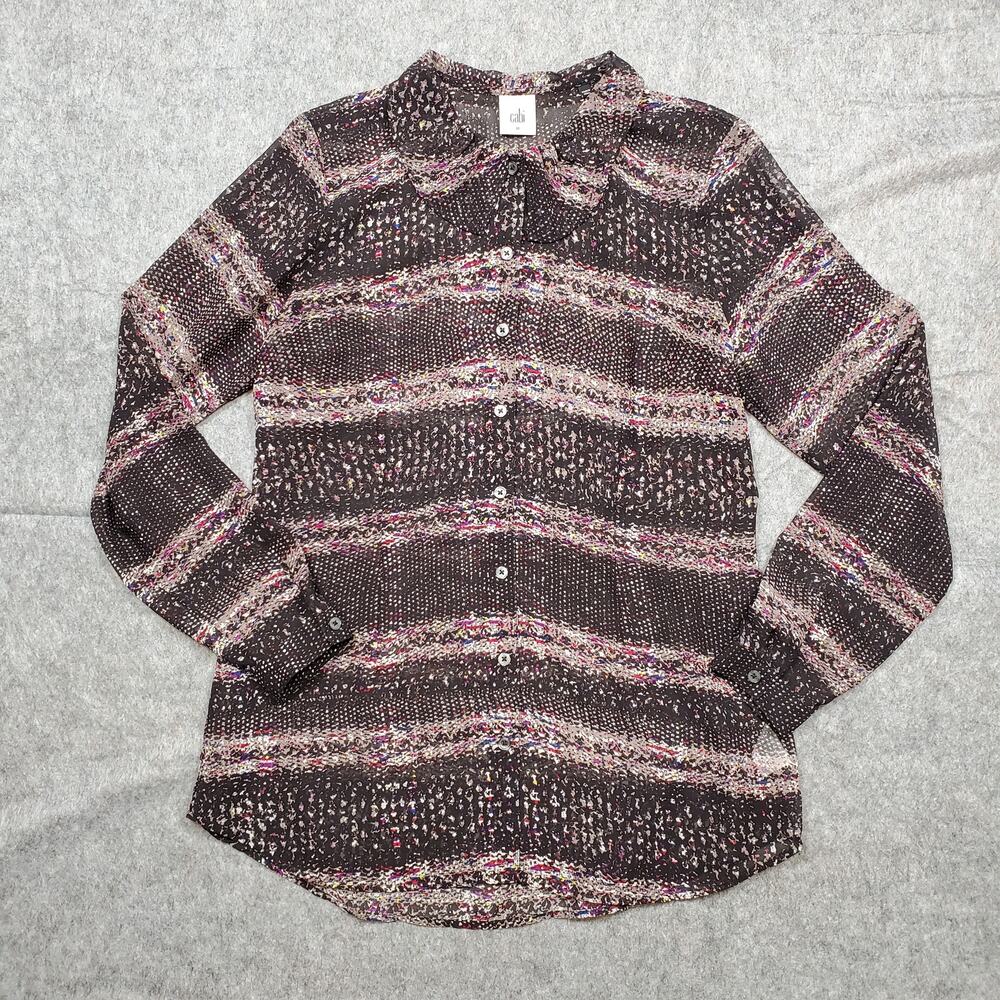 CAbi Top Womens Medium Paris Blouse Sheer Black Confetti 3249 Peter Pant Collar